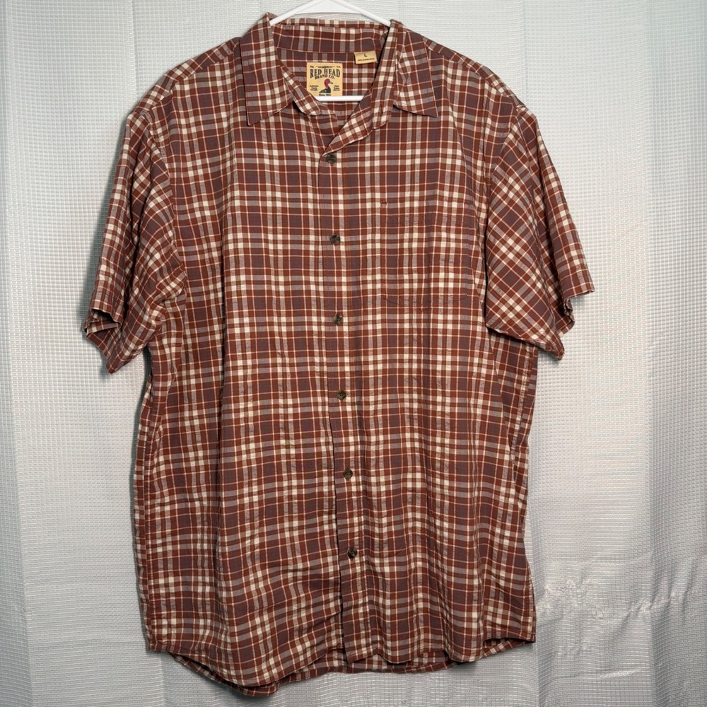 Red Head Brand Co Button Down Shirt Large Rust‎ Brown Plaid Short Sleeve